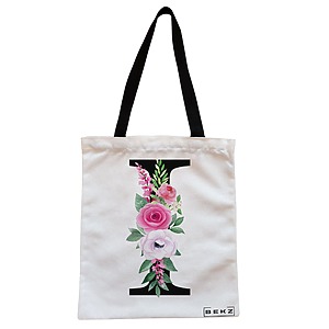 Geanta Canvas Tote pentru femei, Cu litera I si Trandafiri, 38x34.5 cm, Alba, BEKZ®