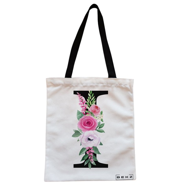 Geanta Canvas Tote pentru femei, Cu litera I si Trandafiri, 38x34.5 cm, Alba, BEKZ® 1 Geanta Canvas Tote pentru femei Cu litera I si Trandafiri 38x34.5 cm Alba BEKZ®