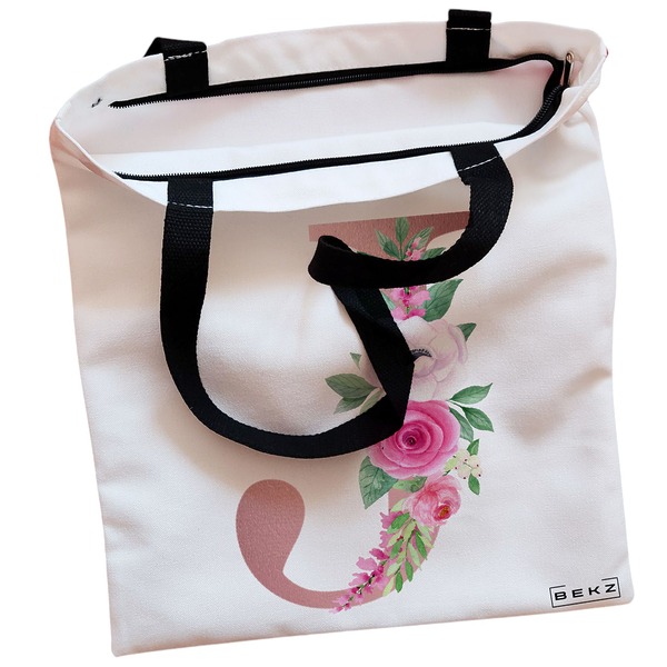Geanta Canvas Tote pentru femei Cu litera J Rose Gold si Trandafiri 38x34.5 cm Alba BEKZ® 1