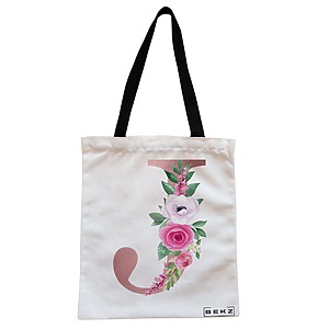 Geanta Canvas Tote pentru femei, Cu litera J Rose Gold si Trandafiri, 38x34.5 cm, Alba, BEKZ®