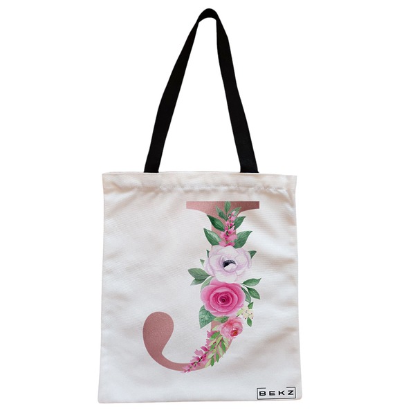 Geanta Canvas Tote pentru femei Cu litera J Rose Gold si Trandafiri 38x34.5 cm Alba BEKZ®