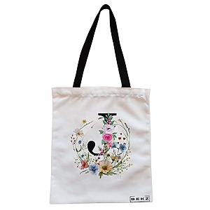 Geanta Canvas Tote pentru femei, Cu litera J in Coronita Florala, 38x34.5 cm, Alba, BEKZ®