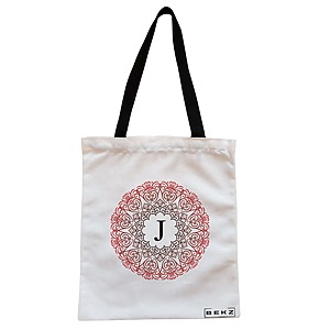 Geanta Canvas Tote pentru femei, Cu litera J si Mandala, 38x34.5 cm, Alba, BEKZ®