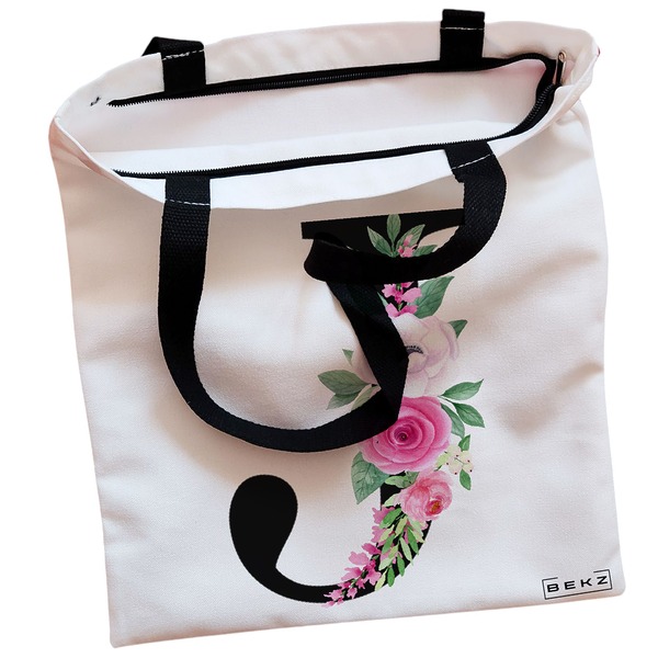 Geanta Canvas Tote pentru femei, Cu litera J si Trandafiri, 38x34.5 cm, Alba, BEKZ® 2 Geanta Canvas Tote pentru femei Cu litera J si Trandafiri 38x34.5 cm Alba BEKZ® 1