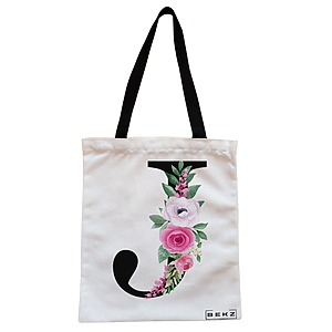 Geanta Canvas Tote pentru femei, Cu litera J si Trandafiri, 38x34.5 cm, Alba, BEKZ®
