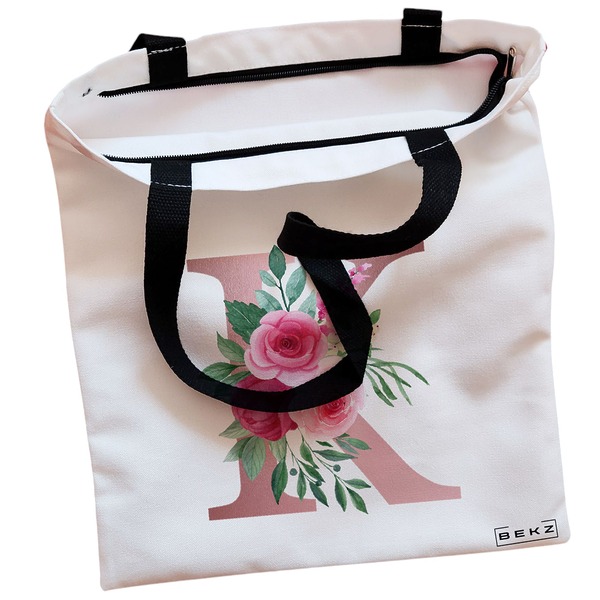 Geanta Canvas Tote pentru femei, Cu litera K Rose Gold si Trandafiri, 38x34.5 cm, Alba, BEKZ® 2 Geanta Canvas Tote pentru femei Cu litera K Rose Gold si Trandafiri 38x34.5 cm Alba BEKZ® 1