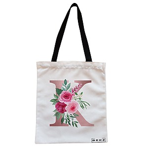 Geanta Canvas Tote pentru femei, Cu litera K Rose Gold si Trandafiri, 38x34.5 cm, Alba, BEKZ®