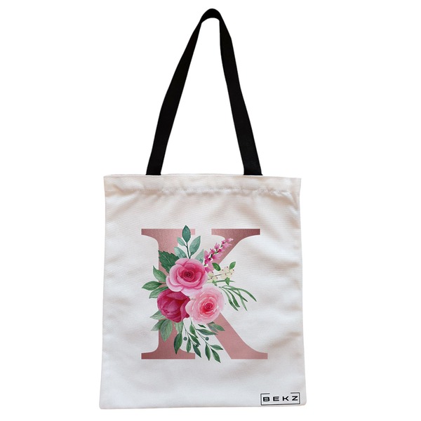Geanta Canvas Tote pentru femei, Cu litera K Rose Gold si Trandafiri, 38x34.5 cm, Alba, BEKZ® 1 Geanta Canvas Tote pentru femei Cu litera K Rose Gold si Trandafiri 38x34.5 cm Alba BEKZ®