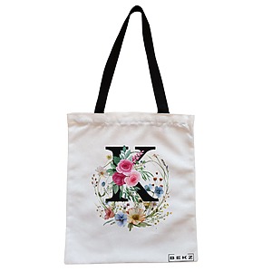 Geanta Canvas Tote pentru femei, Cu litera K in Coronita Florala, 38x34.5 cm, Alba, BEKZ®
