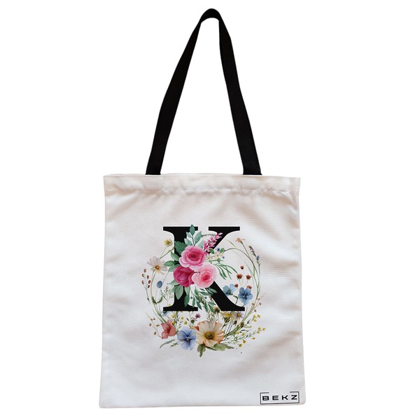 Geanta Canvas Tote pentru femei, Cu litera K in Coronita Florala, 38x34.5 cm, Alba, BEKZ® 1 Geanta Canvas Tote pentru femei Cu litera K in Coronita Florala 38x34.5 cm Alba BEKZ®