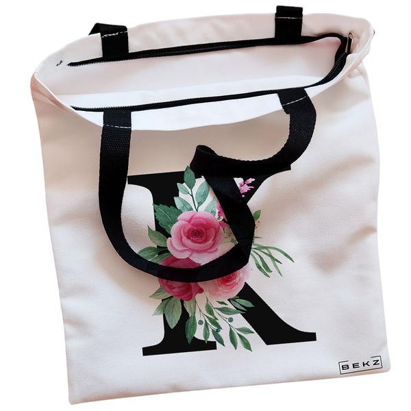 Geanta Canvas Tote pentru femei, Cu litera K si Trandafiri, 38x34.5 cm, Alba, BEKZ® 2 Geanta Canvas Tote pentru femei Cu litera K si Trandafiri 38x34.5 cm Alba BEKZ® 1