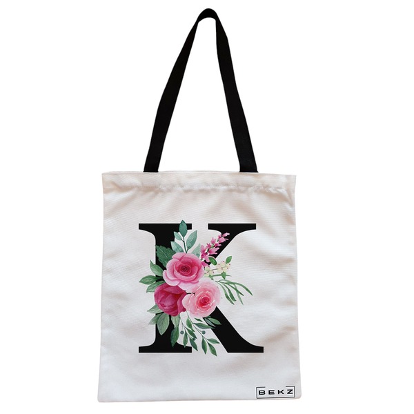 Geanta Canvas Tote pentru femei, Cu litera K si Trandafiri, 38x34.5 cm, Alba, BEKZ® 1 Geanta Canvas Tote pentru femei Cu litera K si Trandafiri 38x34.5 cm Alba BEKZ®