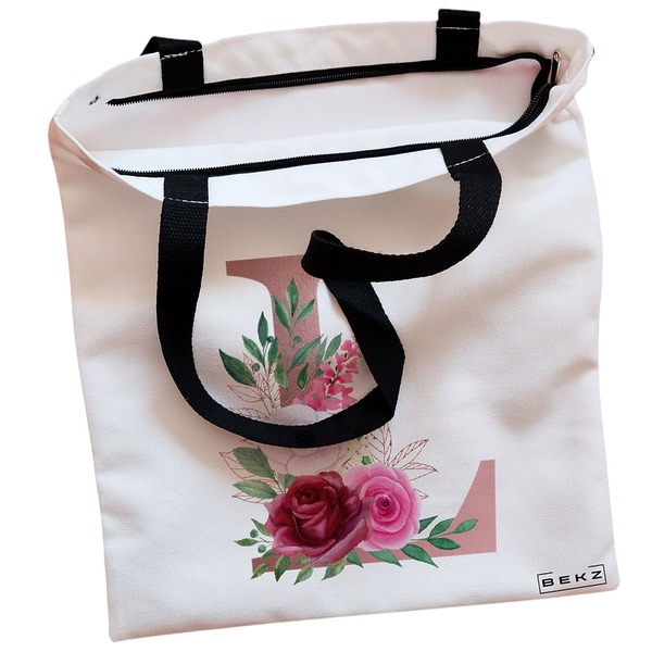 Geanta Canvas Tote pentru femei, Cu litera L Rose Gold si Trandafiri, 38x34.5 cm, Alba, BEKZ® 2 Geanta Canvas Tote pentru femei Cu litera L Rose Gold si Trandafiri 38x34.5 cm Alba BEKZ® 1