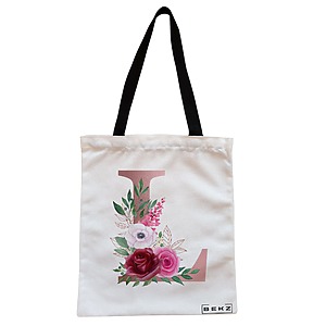 Geanta Canvas Tote pentru femei, Cu litera L Rose Gold si Trandafiri, 38x34.5 cm, Alba, BEKZ®