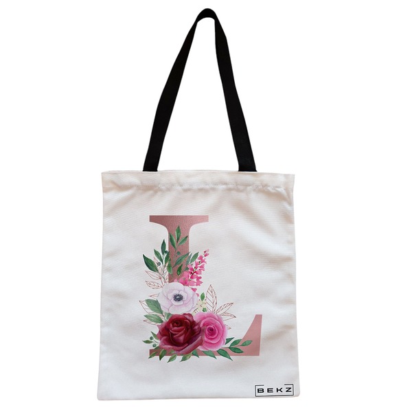 Geanta Canvas Tote pentru femei, Cu litera L Rose Gold si Trandafiri, 38x34.5 cm, Alba, BEKZ® 1 Geanta Canvas Tote pentru femei Cu litera L Rose Gold si Trandafiri 38x34.5 cm Alba BEKZ®