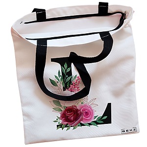 Alternative view of Geanta Canvas Tote pentru femei, Cu litera L si Trandafiri, 38x34.5 cm, Alba, BEKZ®