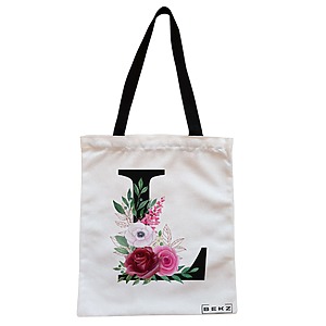 Geanta Canvas Tote pentru femei, Cu litera L si Trandafiri, 38x34.5 cm, Alba, BEKZ®