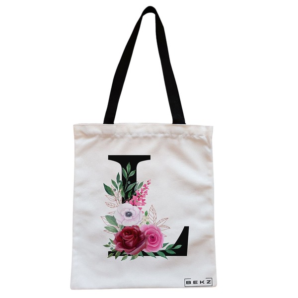 Geanta Canvas Tote pentru femei, Cu litera L si Trandafiri, 38x34.5 cm, Alba, BEKZ® 1 Geanta Canvas Tote pentru femei Cu litera L si Trandafiri 38x34.5 cm Alba BEKZ®