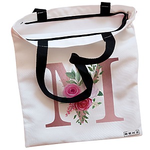 Alternative view of Geanta Canvas Tote pentru femei, Cu litera M Rose Gold si Trandafiri, 38x34.5 cm, Alba, BEKZ®