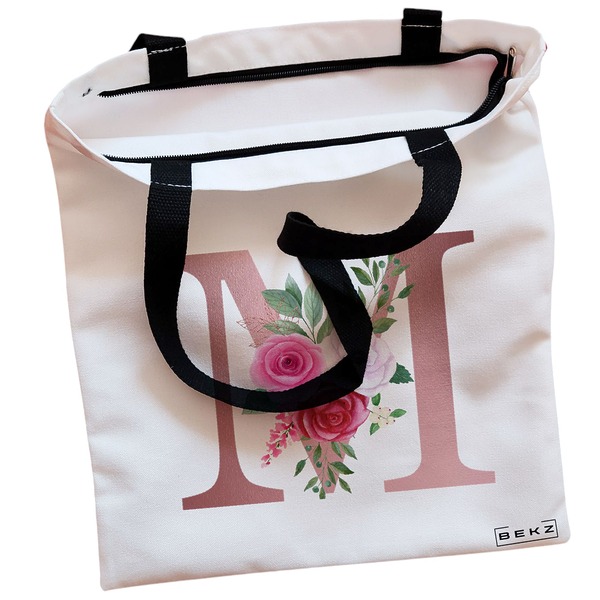 Geanta Canvas Tote pentru femei, Cu litera M Rose Gold si Trandafiri, 38x34.5 cm, Alba, BEKZ® 2 Geanta Canvas Tote pentru femei Cu litera M Rose Gold si Trandafiri 38x34.5 cm Alba BEKZ® 1