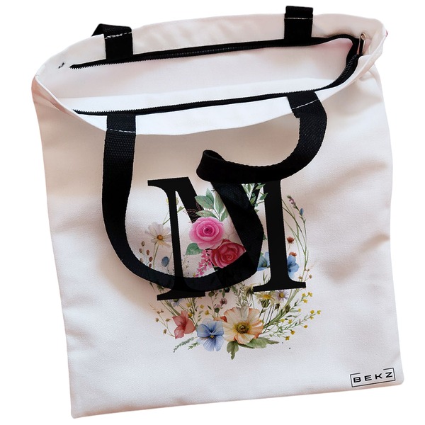 Geanta Canvas Tote pentru femei, Cu litera M in Coronita Florala, 38x34.5 cm, Alba, BEKZ® 2 Geanta Canvas Tote pentru femei Cu litera M in Coronita Florala 38x34.5 cm Alba BEKZ® 1