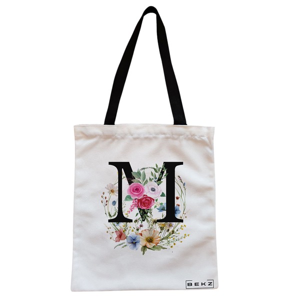 Geanta Canvas Tote pentru femei, Cu litera M in Coronita Florala, 38x34.5 cm, Alba, BEKZ® 1 Geanta Canvas Tote pentru femei Cu litera M in Coronita Florala 38x34.5 cm Alba BEKZ®