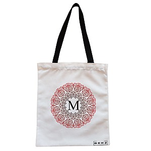 Geanta Canvas Tote pentru femei, Cu litera M si Mandala, 38x34.5 cm, Alba, BEKZ®