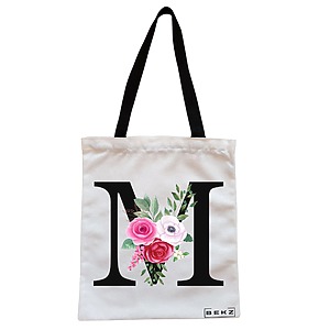 Geanta Canvas Tote pentru femei, Cu litera M si Trandafiri, 38x34.5 cm, Alba, BEKZ®