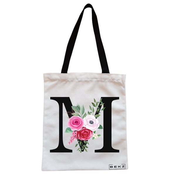 Geanta Canvas Tote pentru femei, Cu litera M si Trandafiri, 38x34.5 cm, Alba, BEKZ® 1 Geanta Canvas Tote pentru femei Cu litera M si Trandafiri 38x34.5 cm Alba BEKZ®