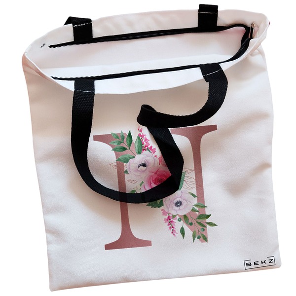 Geanta Canvas Tote pentru femei, Cu litera N Rose Gold si Trandafiri, 38x34.5 cm, Alba, BEKZ® 2 Geanta Canvas Tote pentru femei Cu litera N Rose Gold si Trandafiri 38x34.5 cm Alba BEKZ® 1