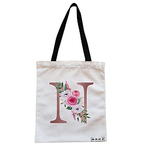 Geanta Canvas Tote pentru femei, Cu litera N Rose Gold si Trandafiri, 38x34.5 cm, Alba, BEKZ®