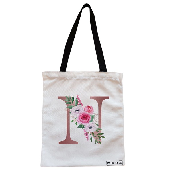 Geanta Canvas Tote pentru femei, Cu litera N Rose Gold si Trandafiri, 38x34.5 cm, Alba, BEKZ® 1 Geanta Canvas Tote pentru femei Cu litera N Rose Gold si Trandafiri 38x34.5 cm Alba BEKZ®