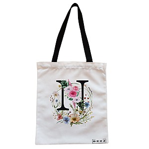 Geanta Canvas Tote pentru femei, Cu litera N in Coronita Florala, 38x34.5 cm, Alba, BEKZ®