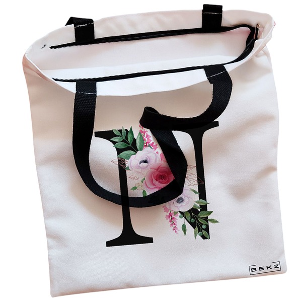 Geanta Canvas Tote pentru femei, Cu litera N si Trandafiri, 38x34.5 cm, Alba, BEKZ® 2 Geanta Canvas Tote pentru femei Cu litera N si Trandafiri 38x34.5 cm Alba BEKZ® 1