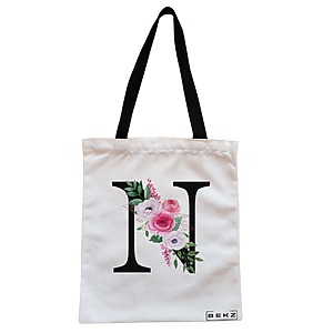 Geanta Canvas Tote pentru femei, Cu litera N si Trandafiri, 38x34.5 cm, Alba, BEKZ®