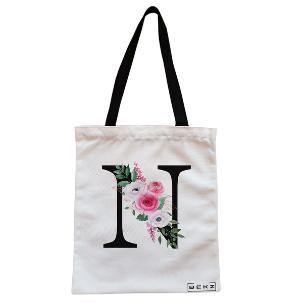 Geanta Canvas Tote pentru femei, Cu litera N si Trandafiri, 38x34.5 cm, Alba, BEKZ® 1 Geanta Canvas Tote pentru femei Cu litera N si Trandafiri 38x34.5 cm Alba BEKZ®