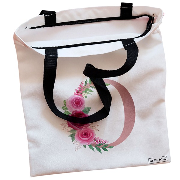 Geanta Canvas Tote pentru femei, Cu litera O Rose Gold si Trandafiri, 38x34.5 cm, Alba, BEKZ® 2 Geanta Canvas Tote pentru femei Cu litera O Rose Gold si Trandafiri 38x34.5 cm Alba BEKZ® 1