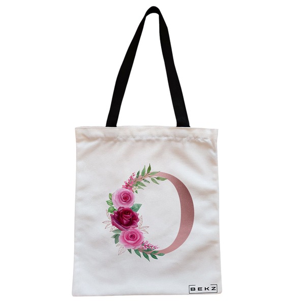 Geanta Canvas Tote pentru femei, Cu litera O Rose Gold si Trandafiri, 38x34.5 cm, Alba, BEKZ® 1 Geanta Canvas Tote pentru femei Cu litera O Rose Gold si Trandafiri 38x34.5 cm Alba BEKZ®