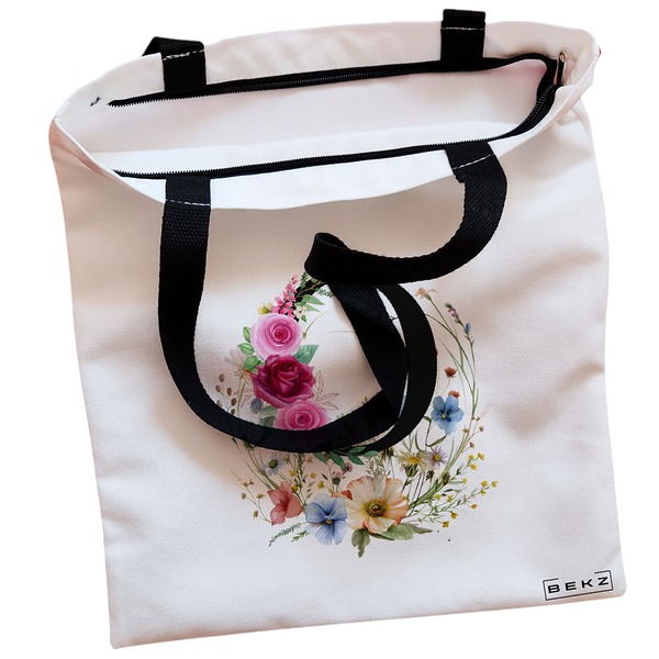 Geanta Canvas Tote pentru femei, Cu litera O in Coronita Florala, 38x34.5 cm, Alba, BEKZ® 2 Geanta Canvas Tote pentru femei Cu litera O in Coronita Florala 38x34.5 cm Alba BEKZ® 1