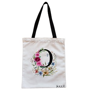 Geanta Canvas Tote pentru femei, Cu litera O in Coronita Florala, 38x34.5 cm, Alba, BEKZ®