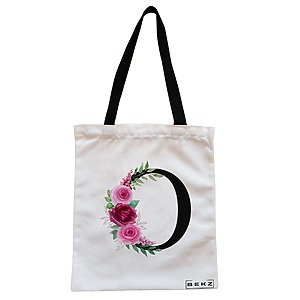 Geanta Canvas Tote pentru femei, Cu litera O si Trandafiri, 38x34.5 cm, Alba, BEKZ®