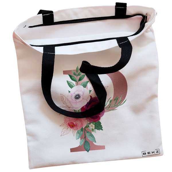 Geanta Canvas Tote pentru femei, Cu litera P Rose Gold si Trandafiri, 38x34.5 cm, Alba, BEKZ® 2 Geanta Canvas Tote pentru femei Cu litera P Rose Gold si Trandafiri 38x34.5 cm Alba BEKZ® 1