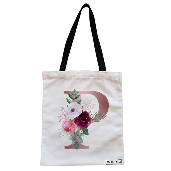 Geanta Canvas Tote pentru femei, Cu litera P Rose Gold si Trandafiri, 38x34.5 cm, Alba, BEKZ® 1 Geanta Canvas Tote pentru femei Cu litera P Rose Gold si Trandafiri 38x34.5 cm Alba BEKZ®