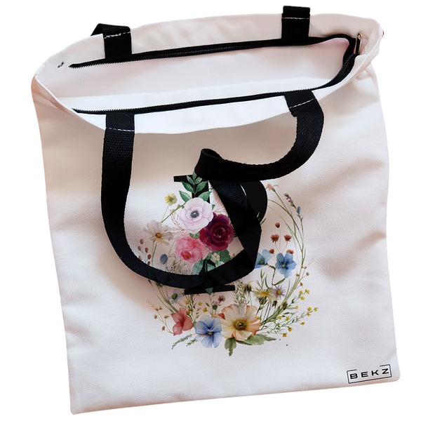 Geanta Canvas Tote pentru femei, Cu litera P in Coronita Florala, 38x34.5 cm, Alba, BEKZ® 2 Geanta Canvas Tote pentru femei Cu litera P in Coronita Florala 38x34.5 cm Alba BEKZ® 1