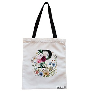 Geanta Canvas Tote pentru femei, Cu litera P in Coronita Florala, 38x34.5 cm, Alba, BEKZ®