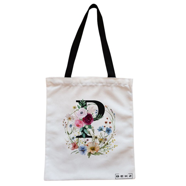 Geanta Canvas Tote pentru femei, Cu litera P in Coronita Florala, 38x34.5 cm, Alba, BEKZ® 1 Geanta Canvas Tote pentru femei Cu litera P in Coronita Florala 38x34.5 cm Alba BEKZ®