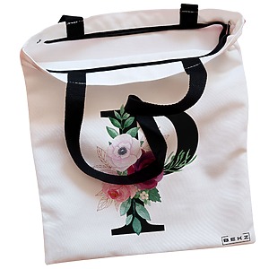 Alternative view of Geanta Canvas Tote pentru femei, Cu litera P si Trandafiri, 38x34.5 cm, Alba, BEKZ®
