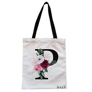 Geanta Canvas Tote pentru femei, Cu litera P si Trandafiri, 38x34.5 cm, Alba, BEKZ®