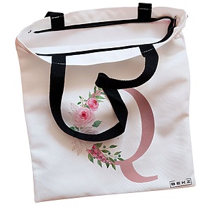 Alternative view of Geanta Canvas Tote pentru femei, Cu litera Q Rose Gold si Trandafiri, 38x34.5 cm, Alba, BEKZ®