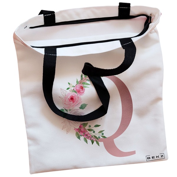Geanta Canvas Tote pentru femei, Cu litera Q Rose Gold si Trandafiri, 38x34.5 cm, Alba, BEKZ® 2 Geanta Canvas Tote pentru femei Cu litera Q Rose Gold si Trandafiri 38x34.5 cm Alba BEKZ® 1